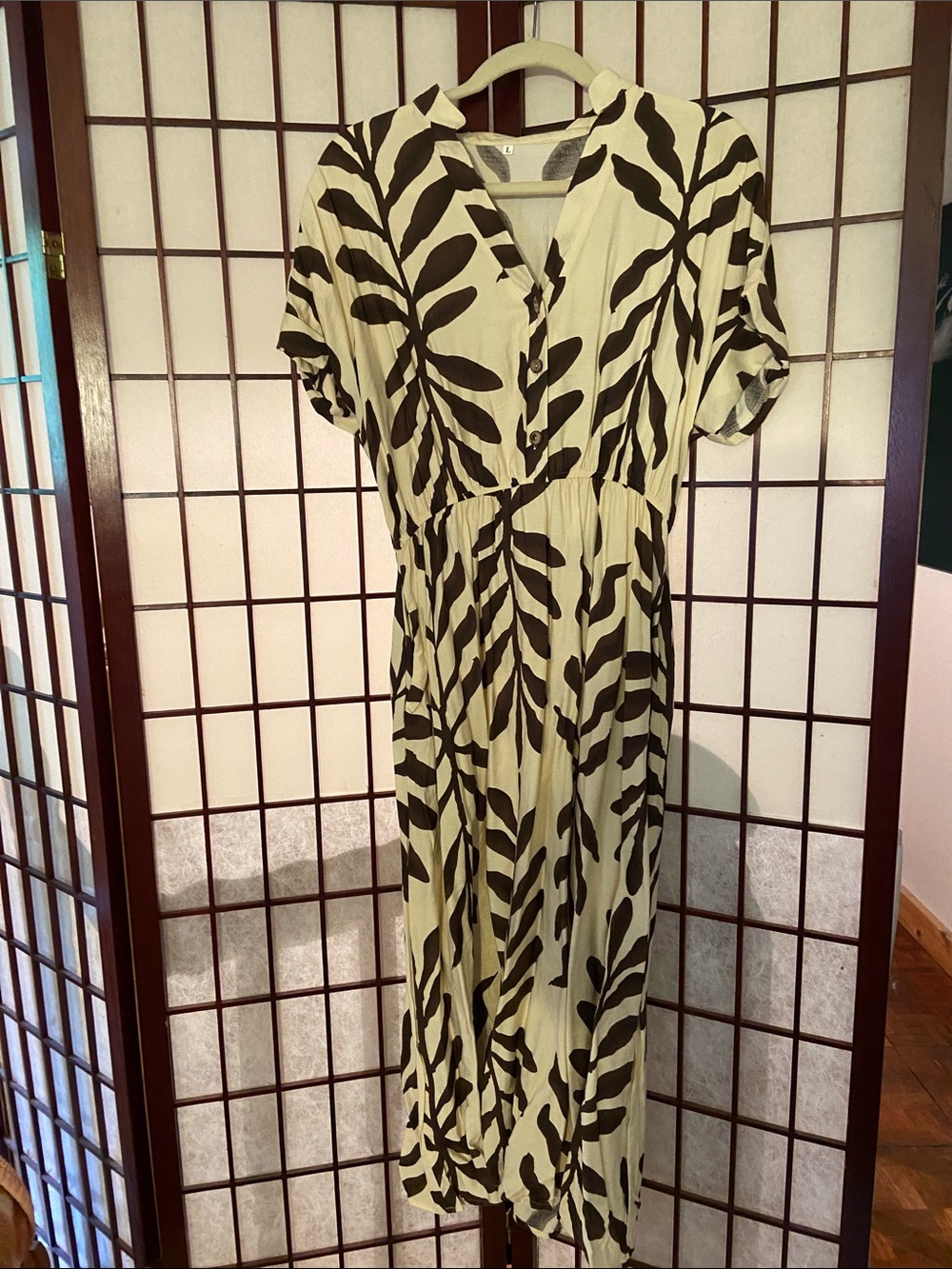 Cream and brown leaf-print long dress